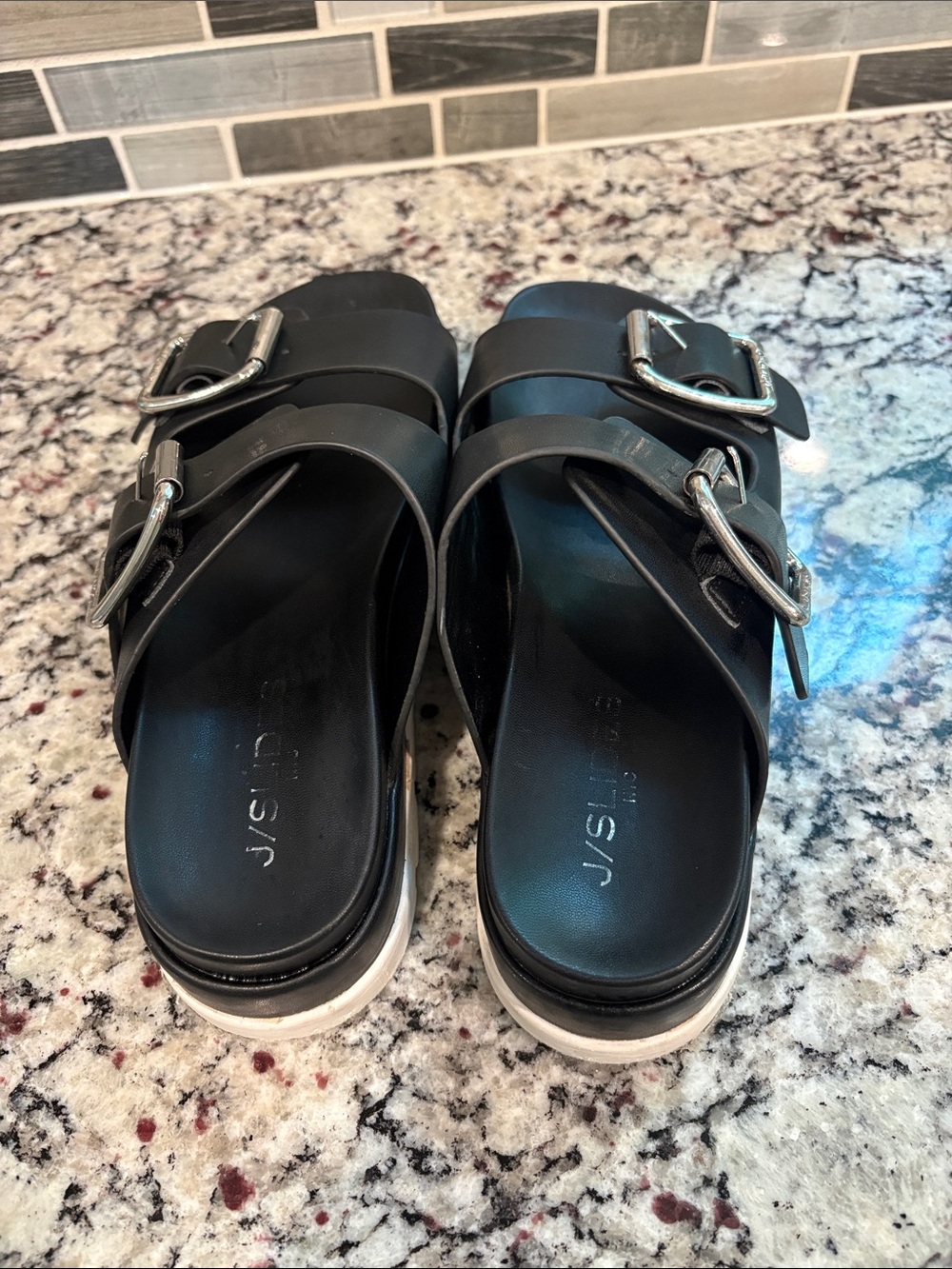 J/Slides NYC Black Leather Slide Sandals with Silver Buckles size 8. - Picture 4 of 7